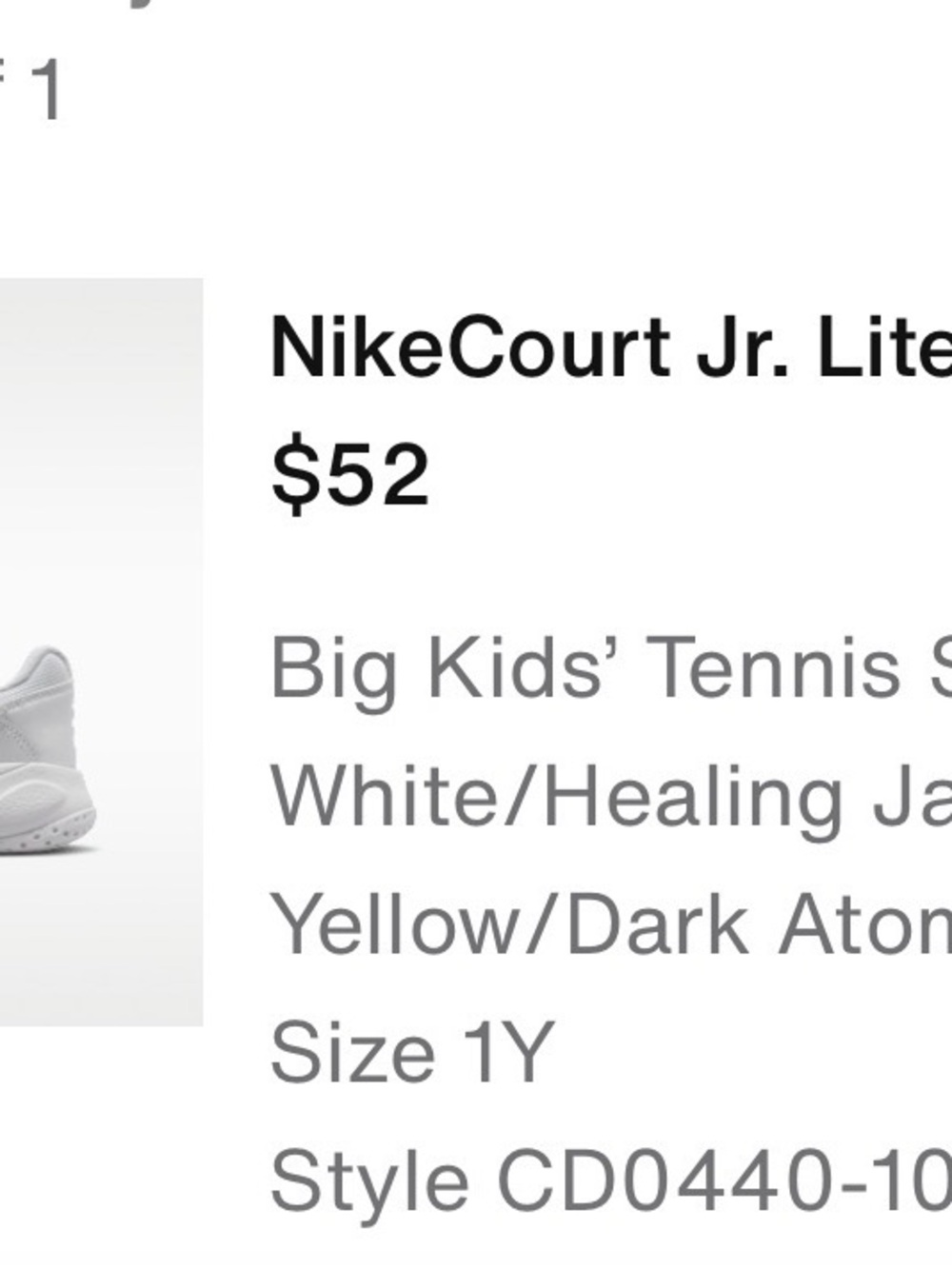 Nike White Kids' Tennis Shoe with Yellow Accents UNISEX